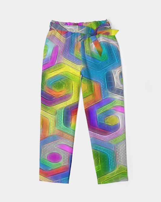 Colorful Hexagons Women's Belted Tapered Pants