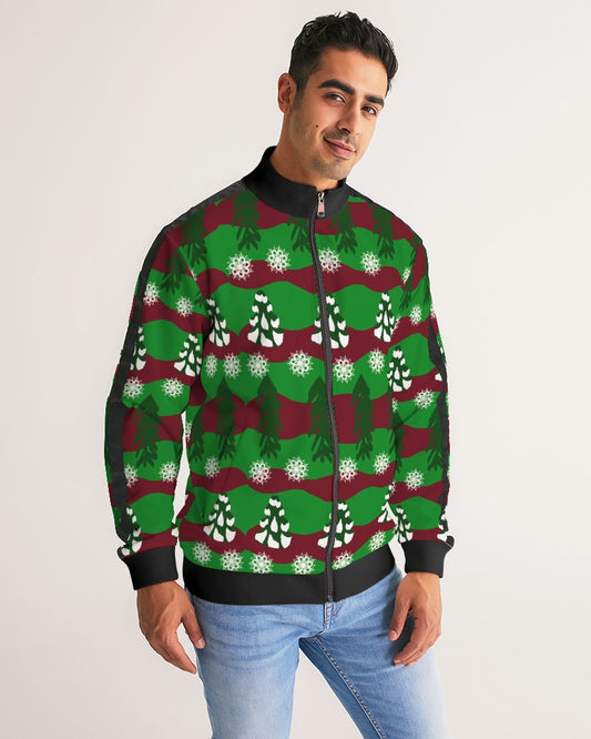 Snowy Evergreen Pattern Men's Stripe-Sleeve Track Jacket