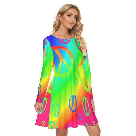 Rainbow Peace Signs All-Over Print Women's Crew Neck Dress