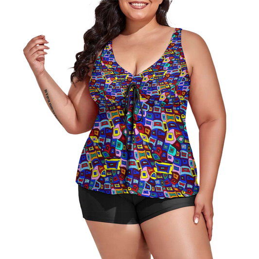 Wavy Square Pattern Custom Women's Plus Size Two Piece Swimsuit Stylish Swimwear