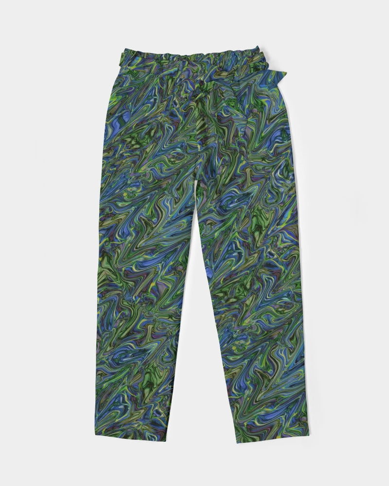 Blue Green Liquid Marbling Women's Belted Tapered Pants