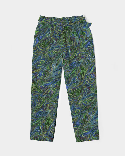 Blue Green Liquid Marbling Women's Belted Tapered Pants