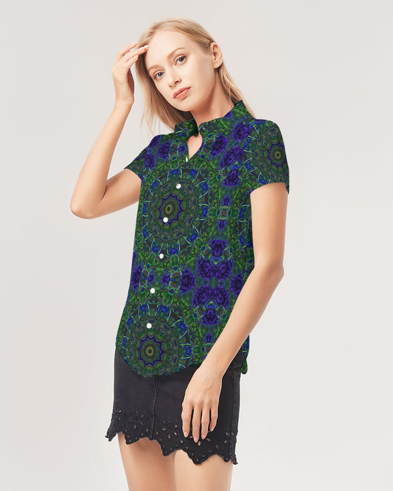 blue Green Ribbon Kaleidoscope Women's Short Sleeve Button Up