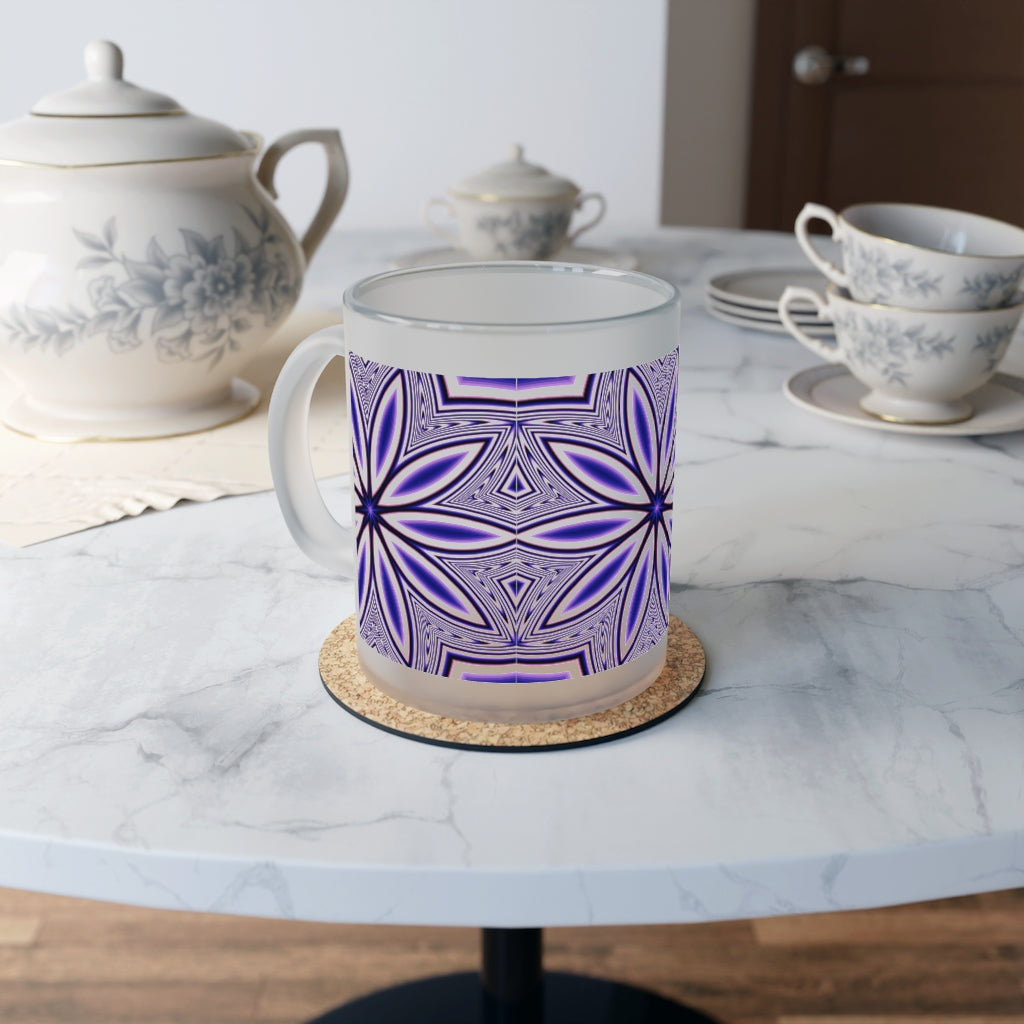 Blue Fractal Flower Kaleidoscope Frosted Glass Mug