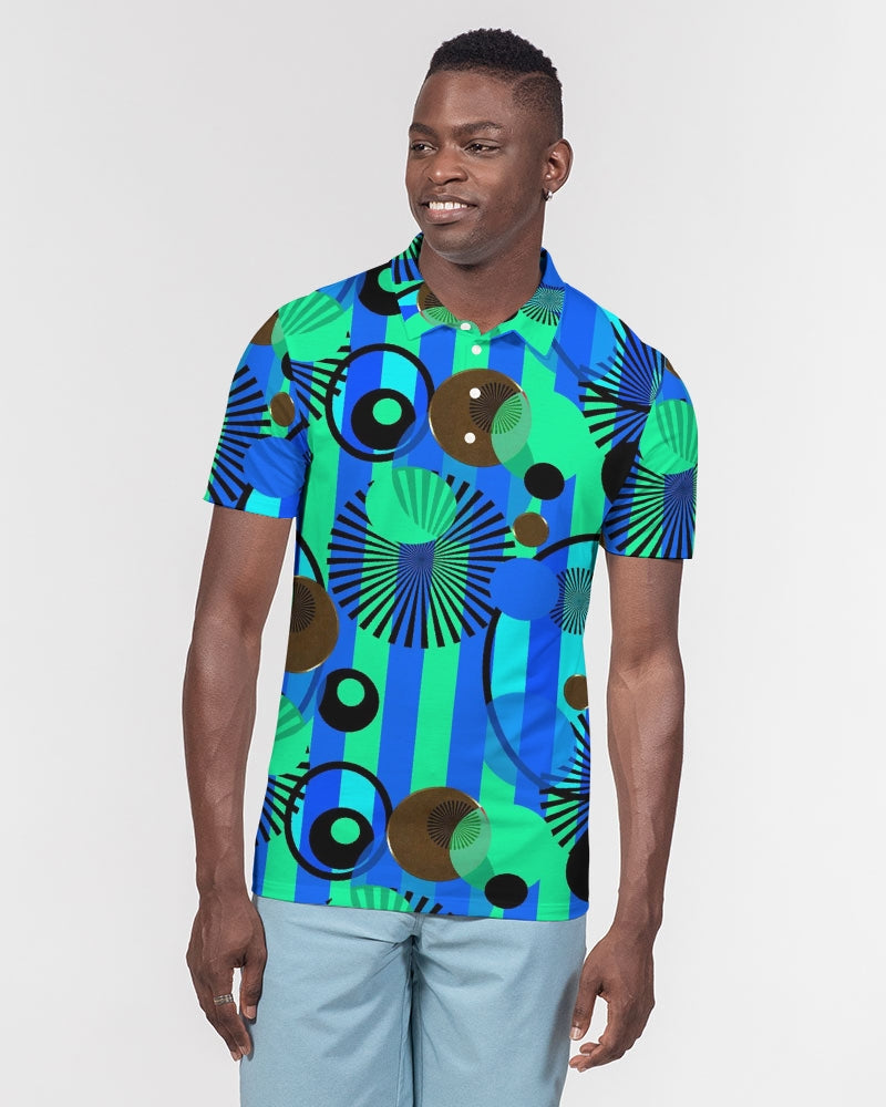 Blue Green Stripes and Dots Men's Slim Fit Short Sleeve Polo
