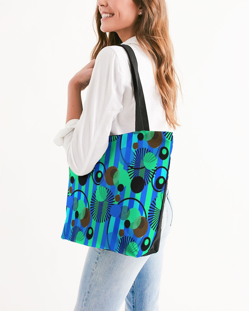 Blue Green Stripes and Dots Canvas Zip Tote