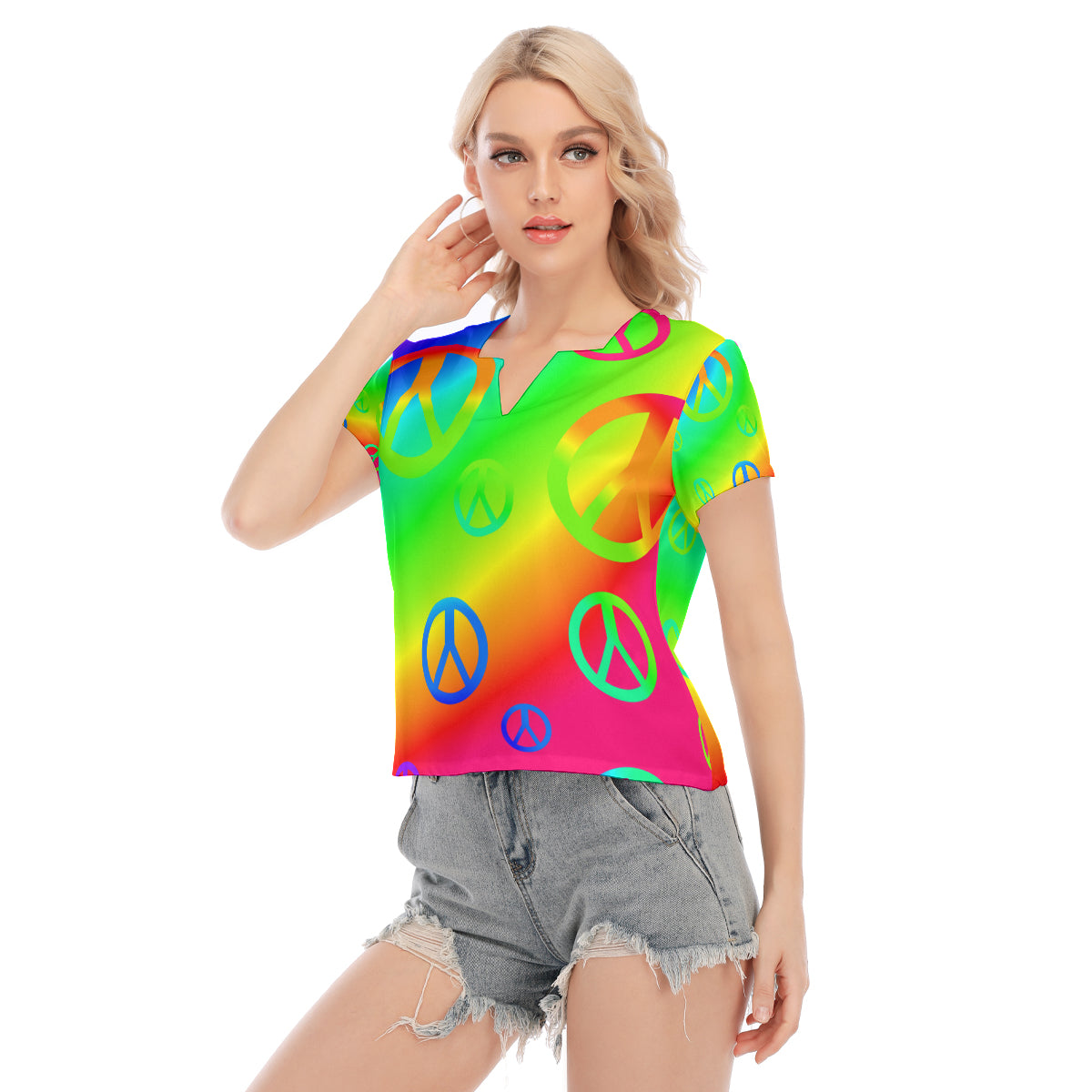 Rainbow Peace Sign All-Over Print Women's Stretch V-Neck Short-Sleeved Blouse