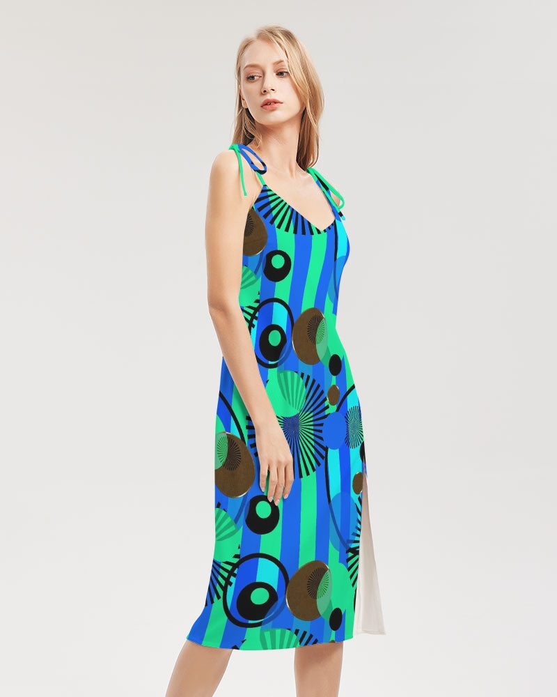 Blue Green Stripes and Dots Women's Tie Strap Split Dress