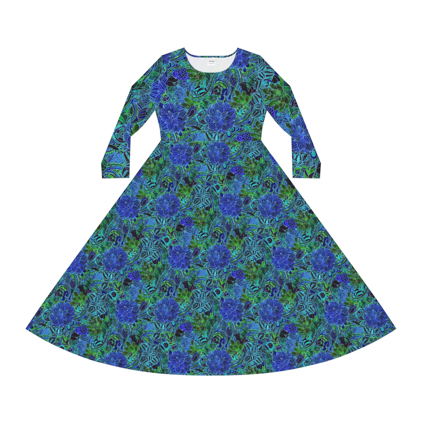Blue Green Floral Pattern Women's Long Sleeve Dance Dress (AOP)