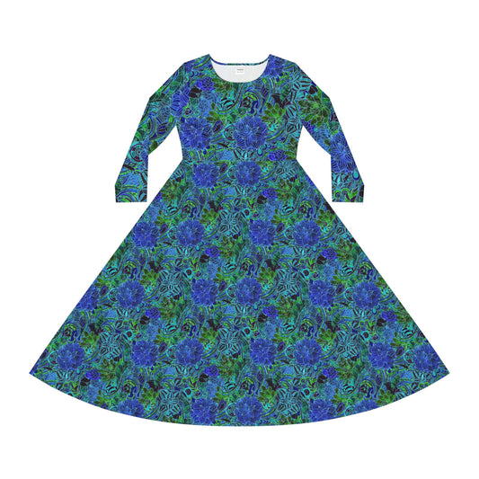 Blue Green Floral Pattern Women's Long Sleeve Dance Dress (AOP)