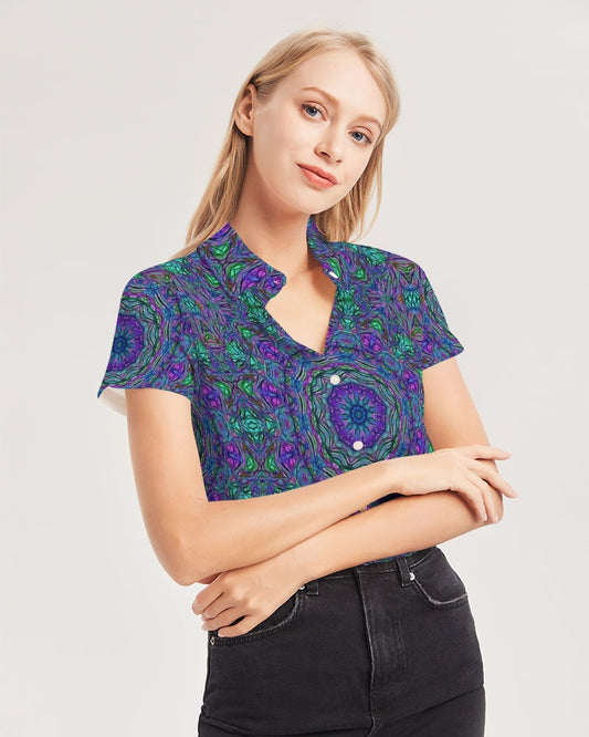 Blue Green Purple Kaleidoscope Women's Short Sleeve Button Up