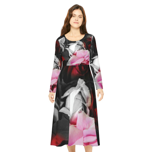 Black and White Roses Fade Women's Long Sleeve Dance Dress