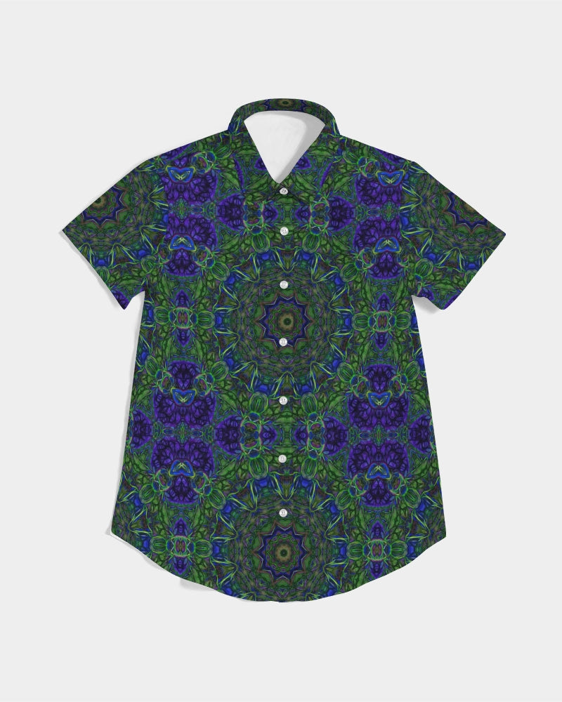 blue Green Ribbon Kaleidoscope Women's Short Sleeve Button Up
