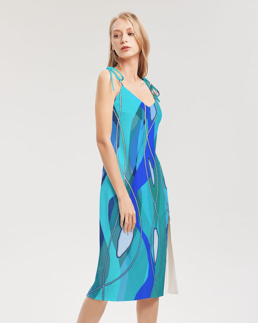 Wavy Blue Women's Tie Strap Split Dress
