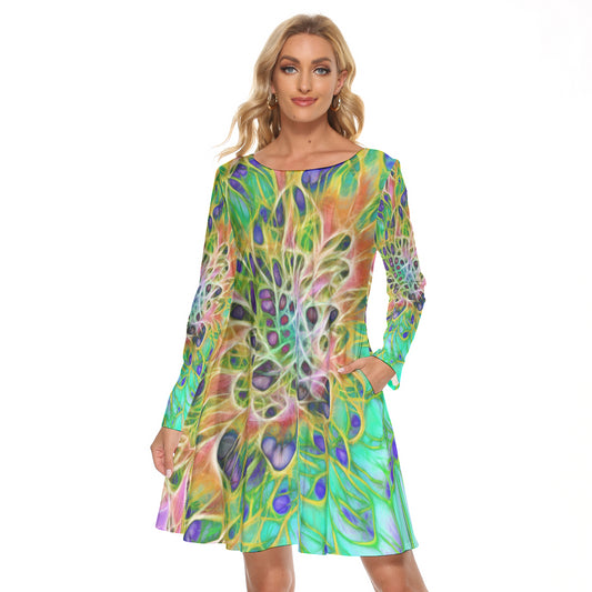 Peacock Chrysanthemum All-Over Print Women's Crew Neck Dress