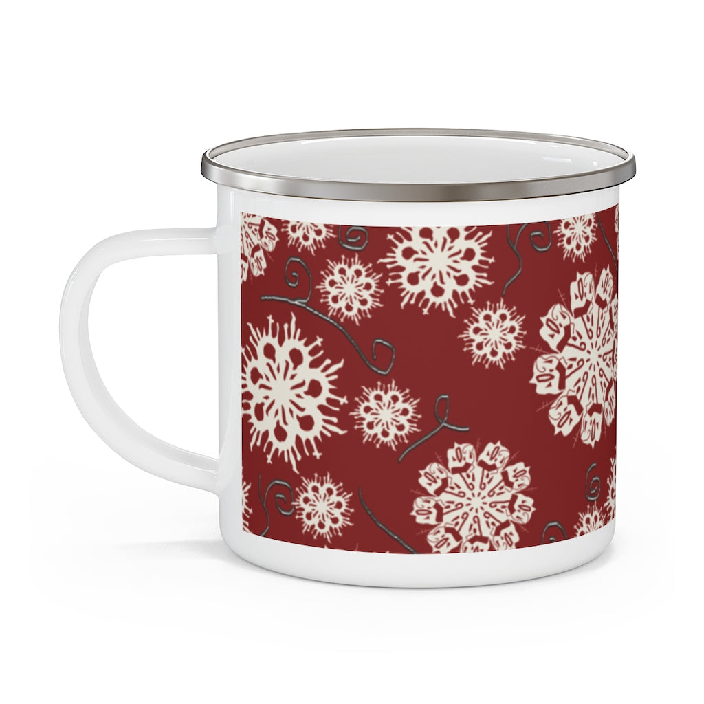 Snowflakes on Red Enamel Camping Mug