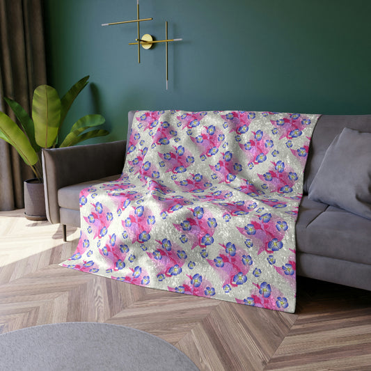 Blue Flowers On Pink Crushed Velvet Blanket