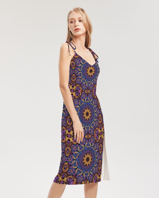 Blue Gold Celtic Kaleidoscope Women's Tie Strap Split Dress