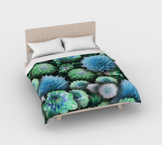 Blue Green Dahlias Duvet Cover