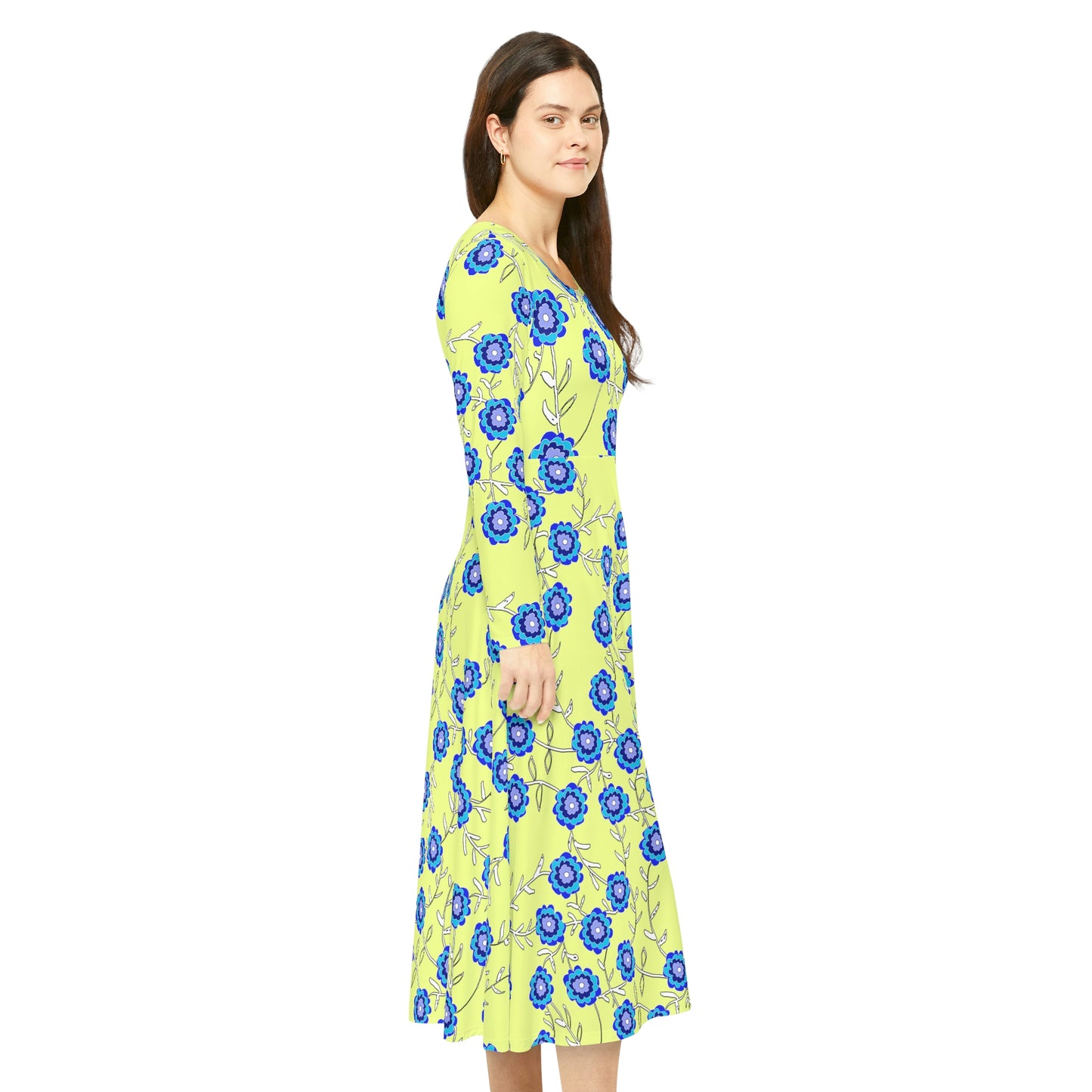 Blue Flowers on Yellow Women's Long Sleeve Dance Dress (AOP)