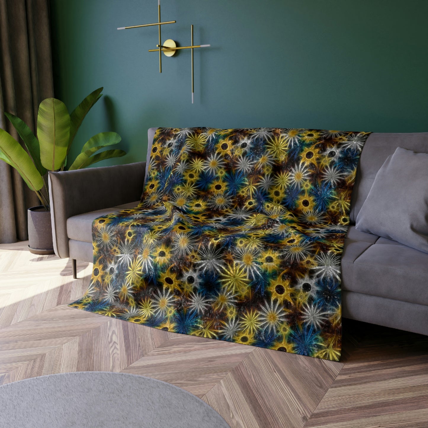 Blue and Yellow Glowing Daisies Crushed Velvet Blanket