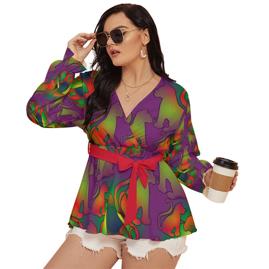 Abstract Cats All-Over Print Women's V-neck T-shirt With Waistband (Plus Size)