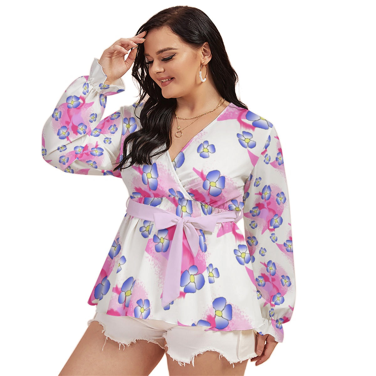 Blue Flowers On Pink All-Over Print Women's V-neck T-shirt With Waistband (Plus Size)