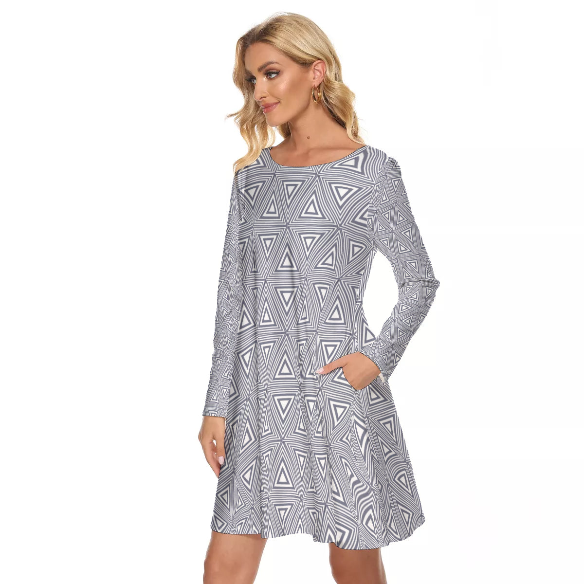 Gray Triangles All-Over Print Women's Crew Neck Dress