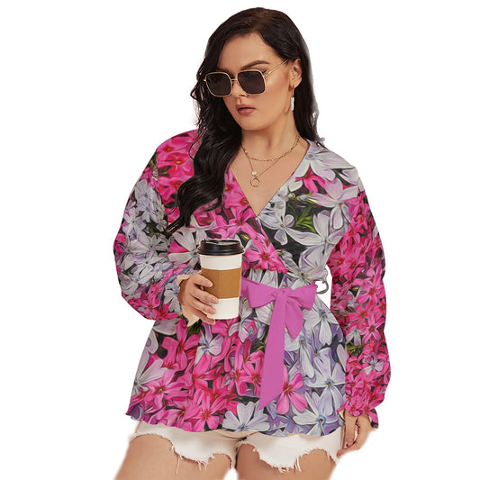 Pink and White Phlox All-Over Print Women's V-neck T-shirt With Waistband (Plus Size)