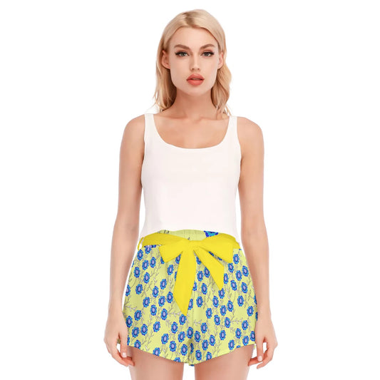 Blue Flowers On Yellow All-Over Print Women's Waist Shorts