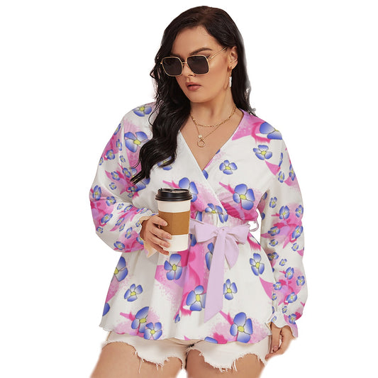 Blue Flowers On Pink All-Over Print Women's V-neck T-shirt With Waistband (Plus Size)