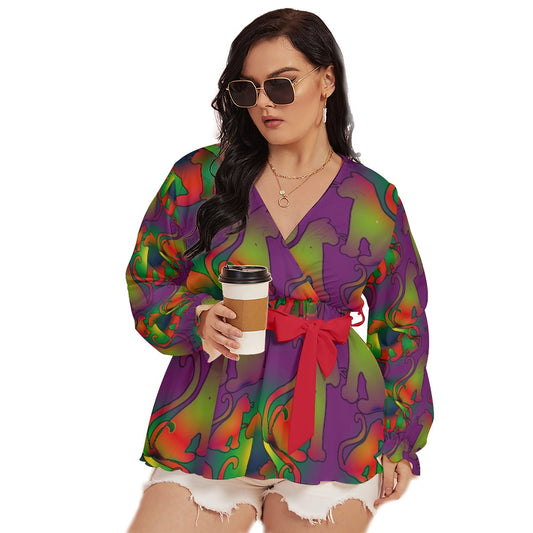 Abstract Cats All-Over Print Women's V-neck T-shirt With Waistband (Plus Size)