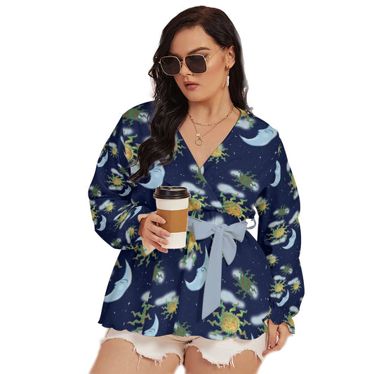 Antique Sun All-Over Print Women's V-neck T-shirt With Waistband (Plus Size)