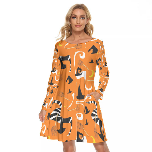Witches Hats and Brooms All-Over Print Women's Crew Neck Dress