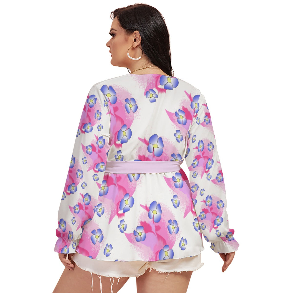 Blue Flowers On Pink All-Over Print Women's V-neck T-shirt With Waistband (Plus Size)