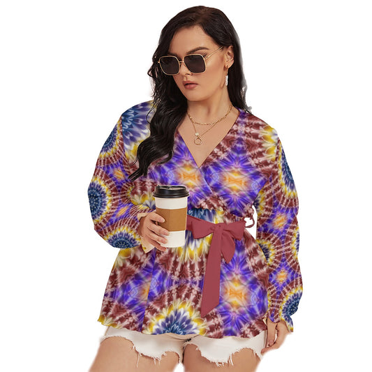 Rainbow Flower Kaleidoscope All-Over Print Women's V-neck T-shirt With Waistband (Plus Size)