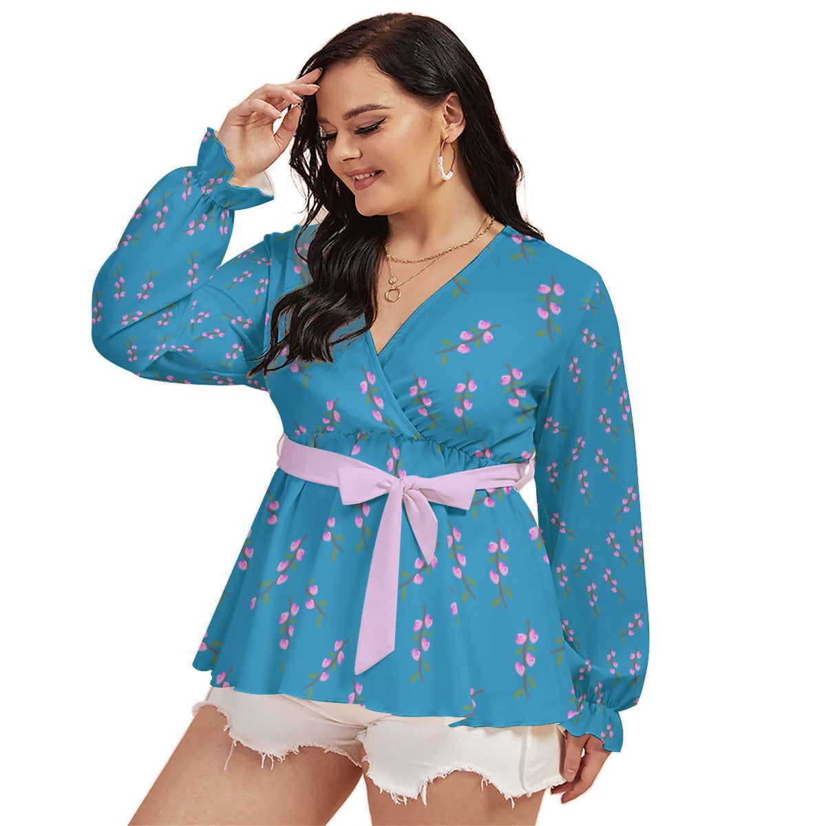 Pink Flower Branches All-Over Print Women's V-neck T-shirt With Waistband (Plus Size)