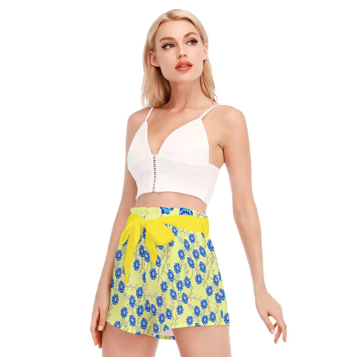 Blue Flowers On Yellow All-Over Print Women's Waist Shorts