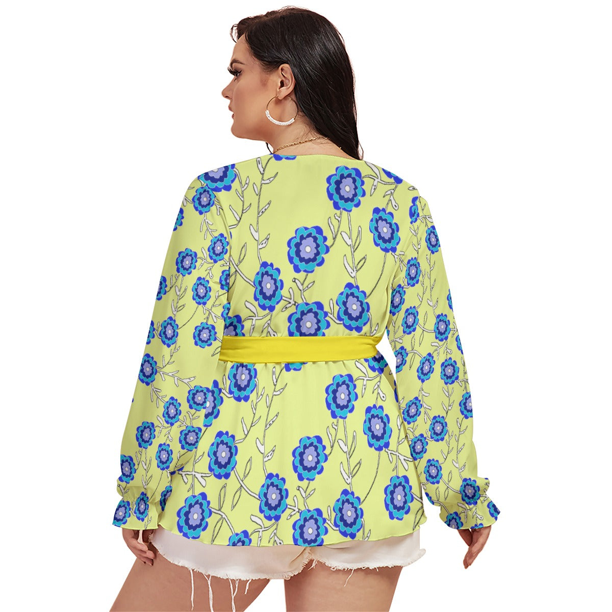 Blue Flowers On Yellow All-Over Print Women's V-neck T-shirt With Waistband (Plus Size)