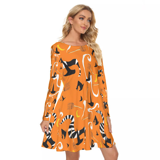 Witches Hats and Brooms All-Over Print Women's Crew Neck Dress