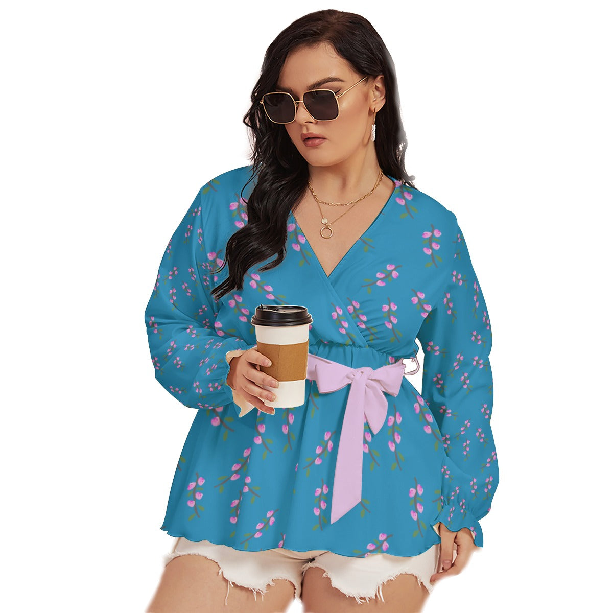 Pink Flower Branches All-Over Print Women's V-neck T-shirt With Waistband (Plus Size)