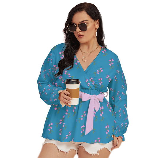 Pink Flower Branches All-Over Print Women's V-neck T-shirt With Waistband (Plus Size)