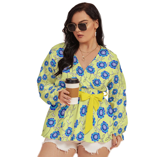 Blue Flowers On Yellow All-Over Print Women's V-neck T-shirt With Waistband (Plus Size)