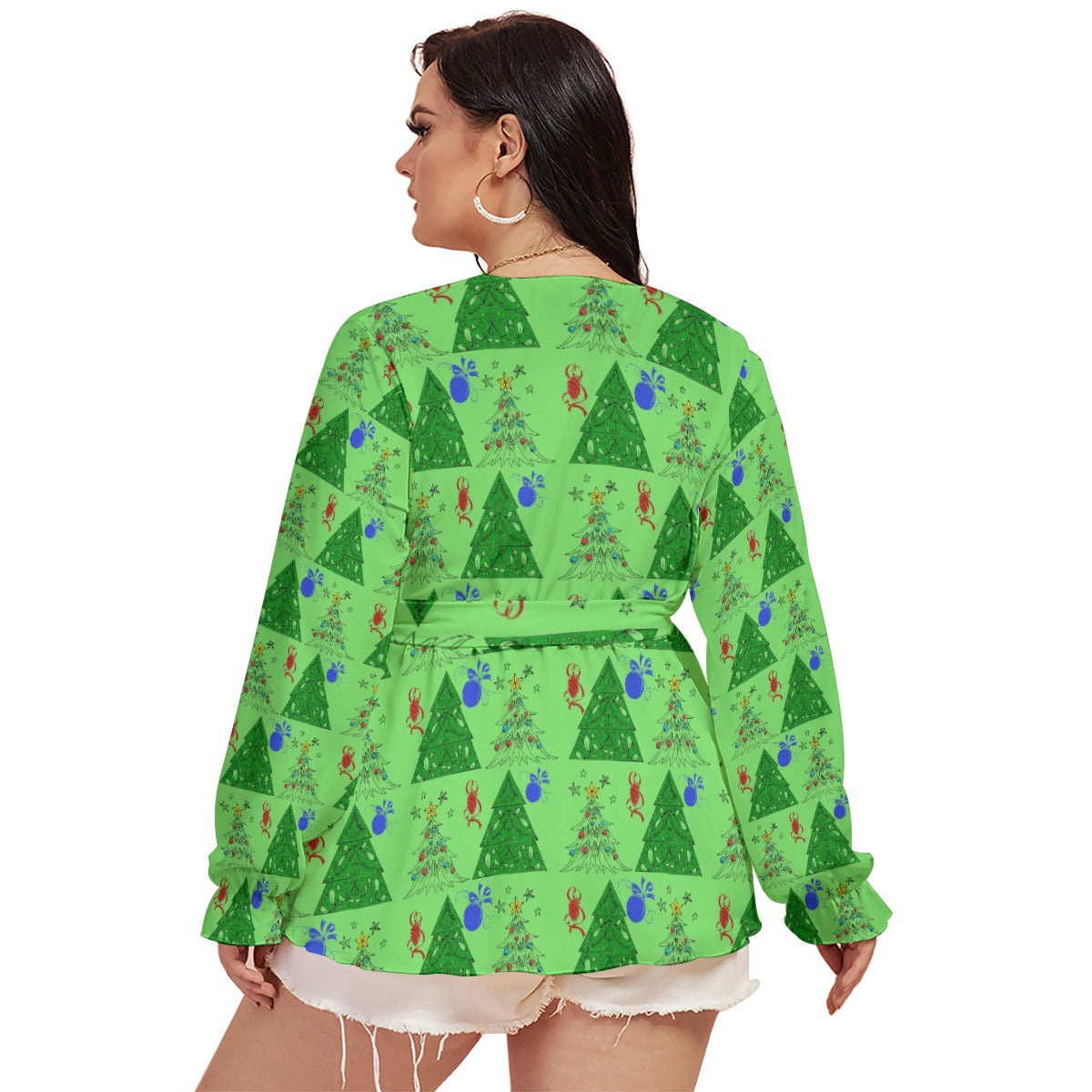 All-Over Print Women's V-neck T-shirt With Waistband Plus Size