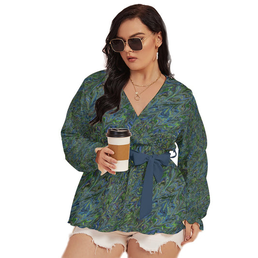 Blue Green liquid Marbling All-Over Print Women's V-neck T-shirt With Waistband (Plus Size)