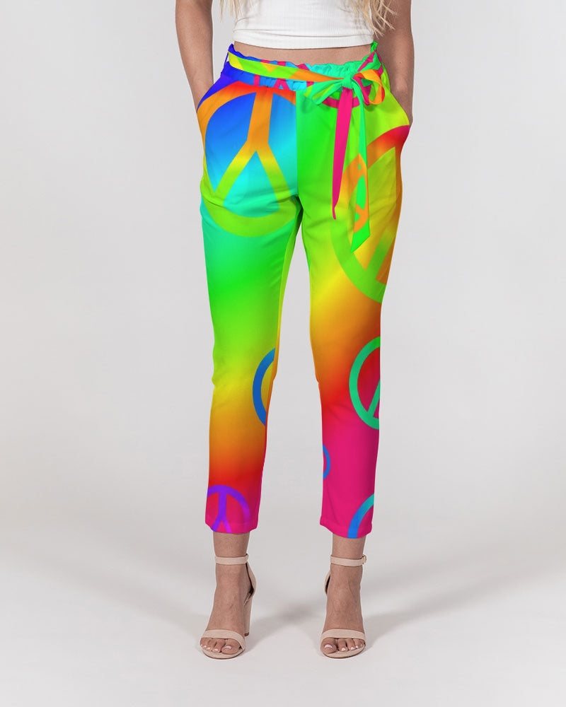 Rainbow Peace Signs Women's Belted Tapered Pants