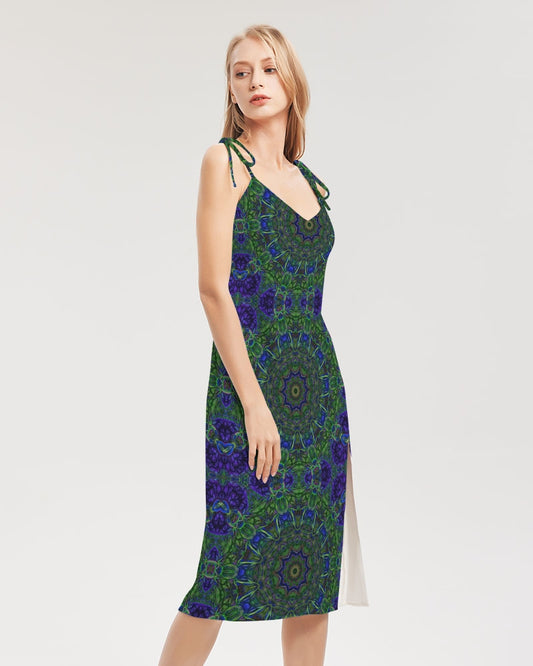 blue Green Ribbon Kaleidoscope Women's Tie Strap Split Dress