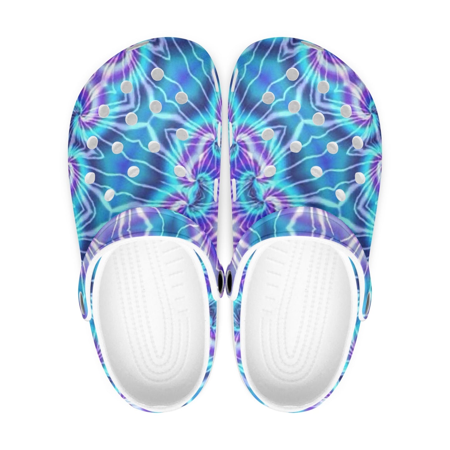Blue Purple Tie Dye Kaleidoscope 413. All Over Printed Clogs
