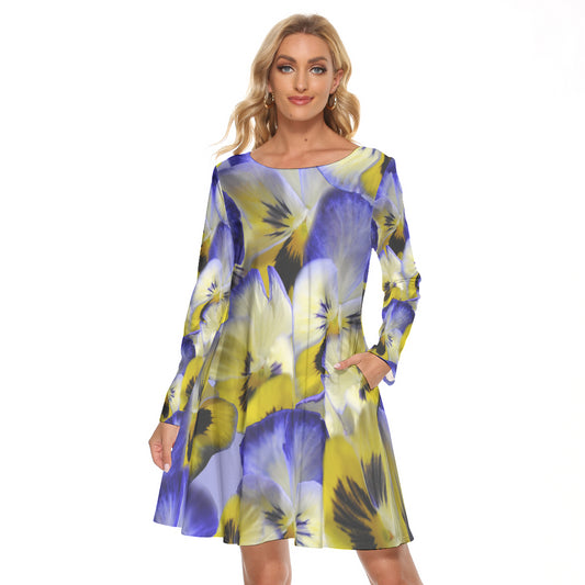 Blue and Yellow Pansies All-Over Print Women's Crew Neck Dress