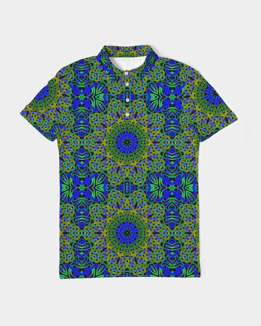 Blue Green Celtic Kaleidoscope Men's Slim Fit Short Sleeve Polo